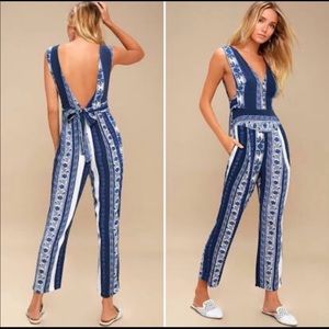 Free People Blue and White Patterned Jumpsuit